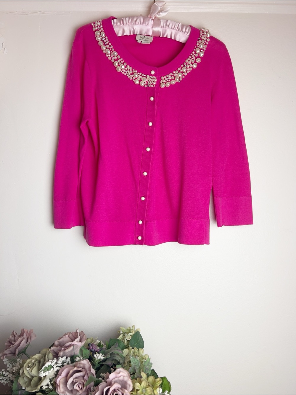 Kate Spade Beaded Collar Pink Cardigan Sweater